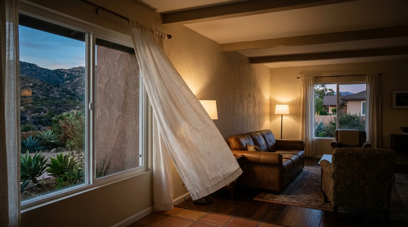 Sheer curtain lifting at a vinyl sliding window in an El Cajon ranch living room at dusk