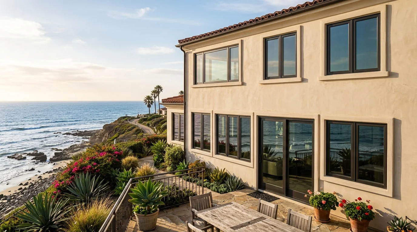 Dark fiberglass replacement windows in a light-stucco Carlsbad house facing the coast
