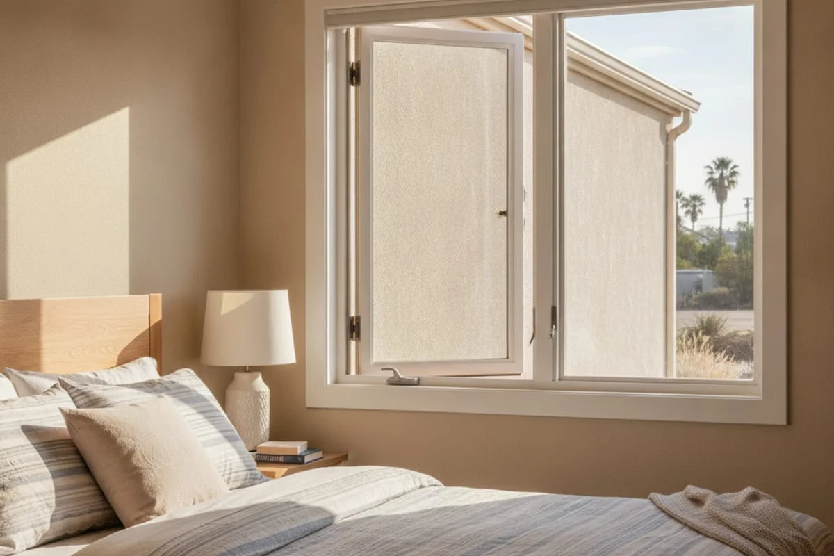 A San Diego bedroom showing a properly sized egress window with clear opening dimensions marked