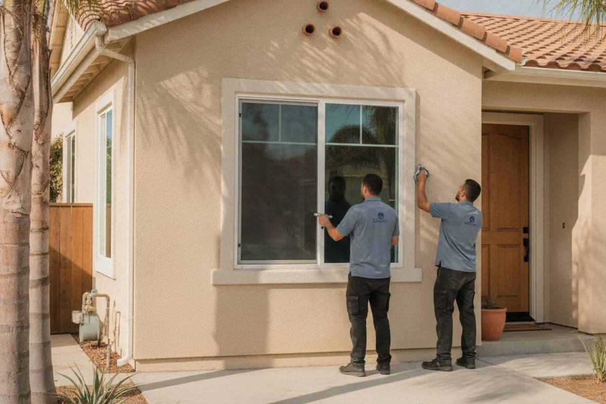 A San Diego home with new low-E double-pane vinyl windows installed showing warm afternoon light from the west