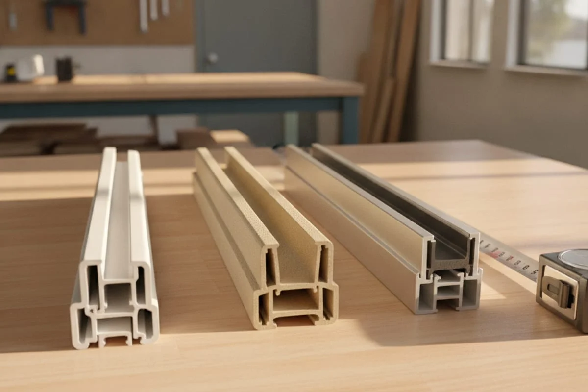 Three window frame material cross-sections side by side showing vinyl, fiberglass, and aluminum profiles