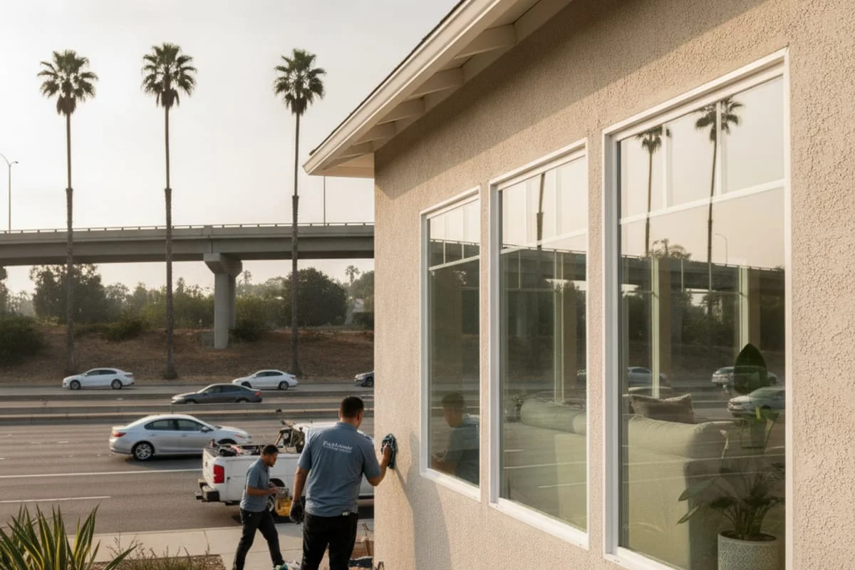 A San Diego home near a freeway interchange with double-pane laminated windows installed on the street-facing side