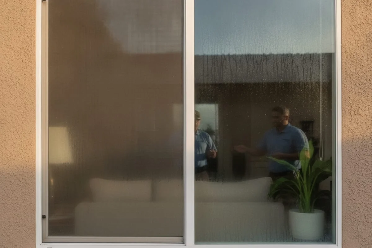 A foggy double-pane window with moisture condensation trapped between the glass panes on a San Diego home