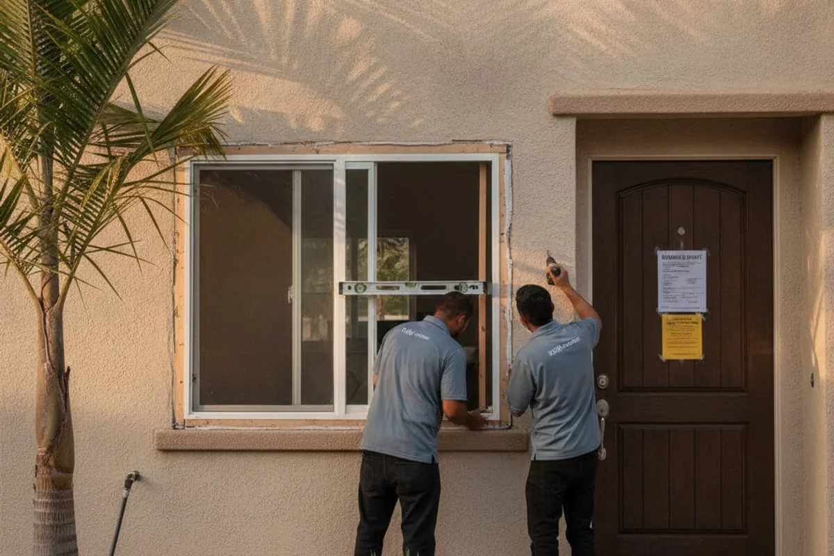 A San Diego building department permit card attached to a window frame during an inspection
