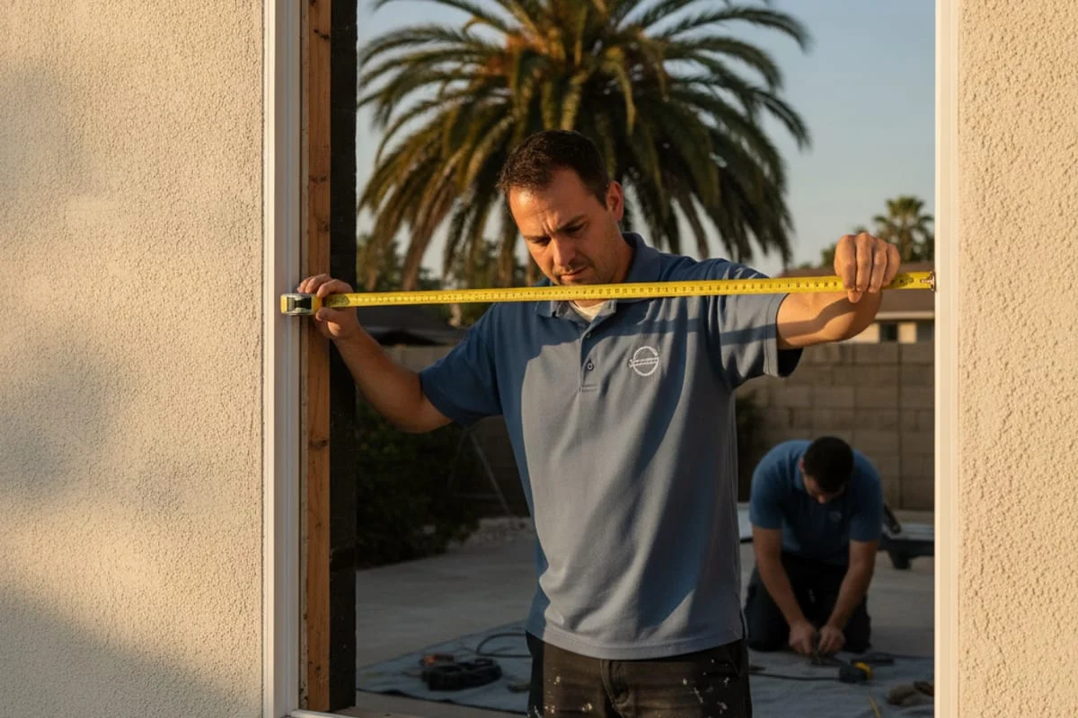 A San Diego home under window replacement with new vinyl windows partially installed and the crew working on the second floor