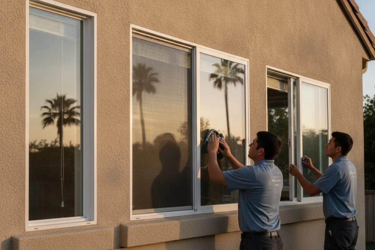 A collage showing different window styles on San Diego homes including casement, double-hung, and slider windows