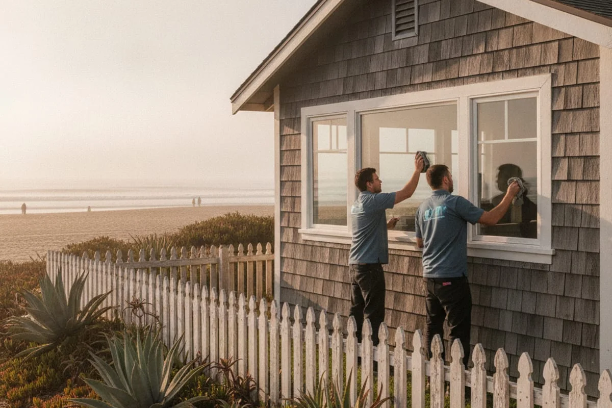 A coastal San Diego home on the bluff with new white vinyl windows and ocean views from the living room
