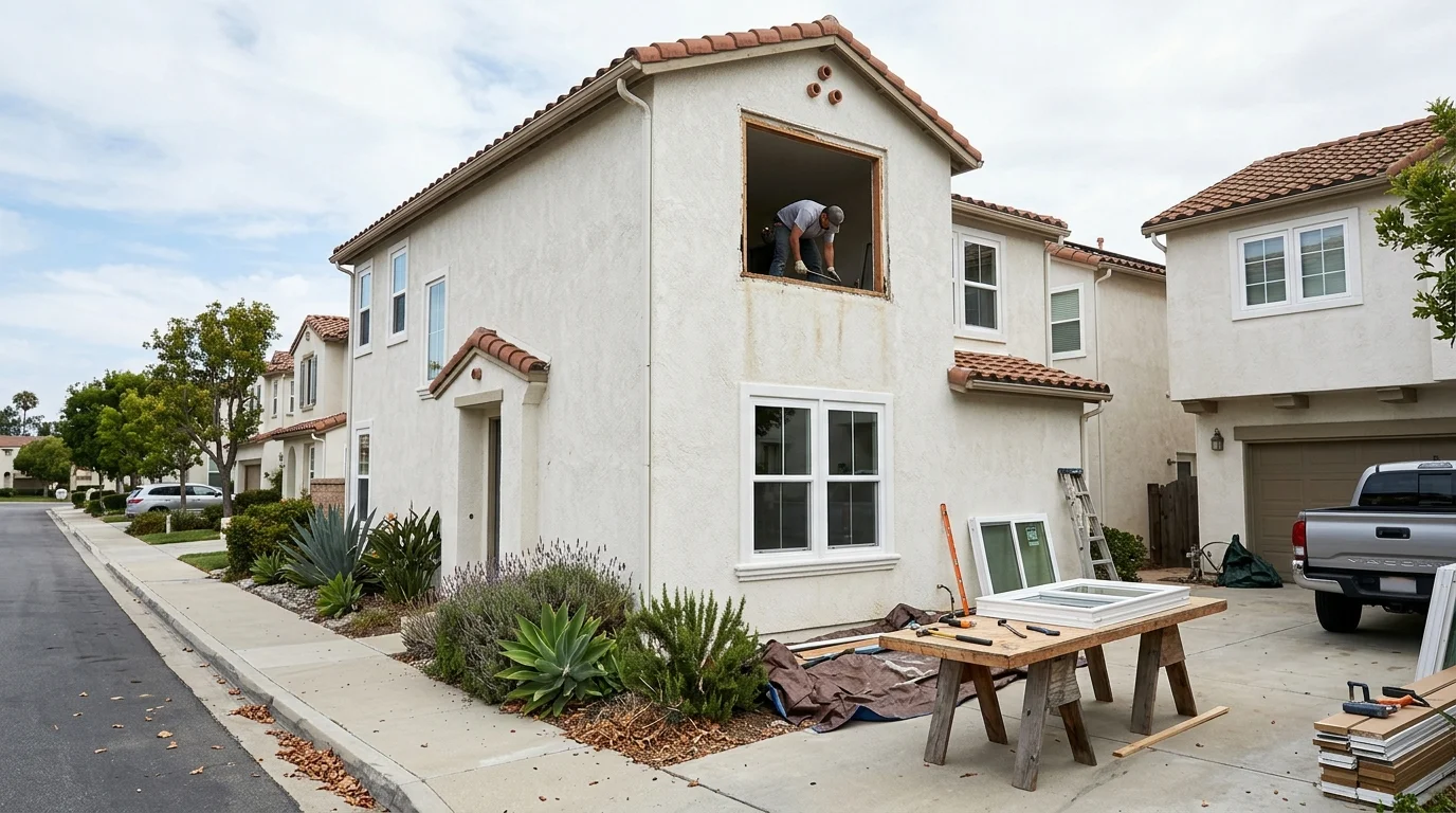 Encinitas planned-community street of matching stucco houses with white vinyl windows in coastal north county light