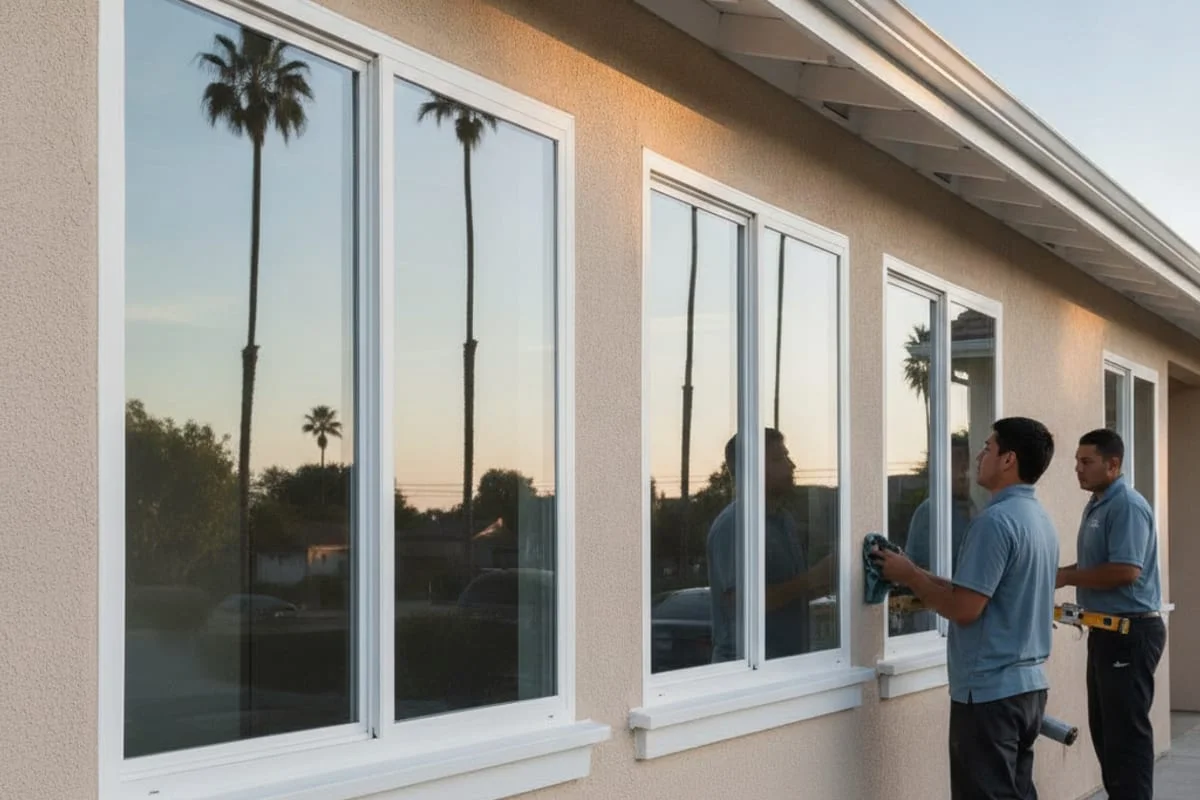 Row of new dual-pane vinyl windows installed across the front of a San Diego single-story home.