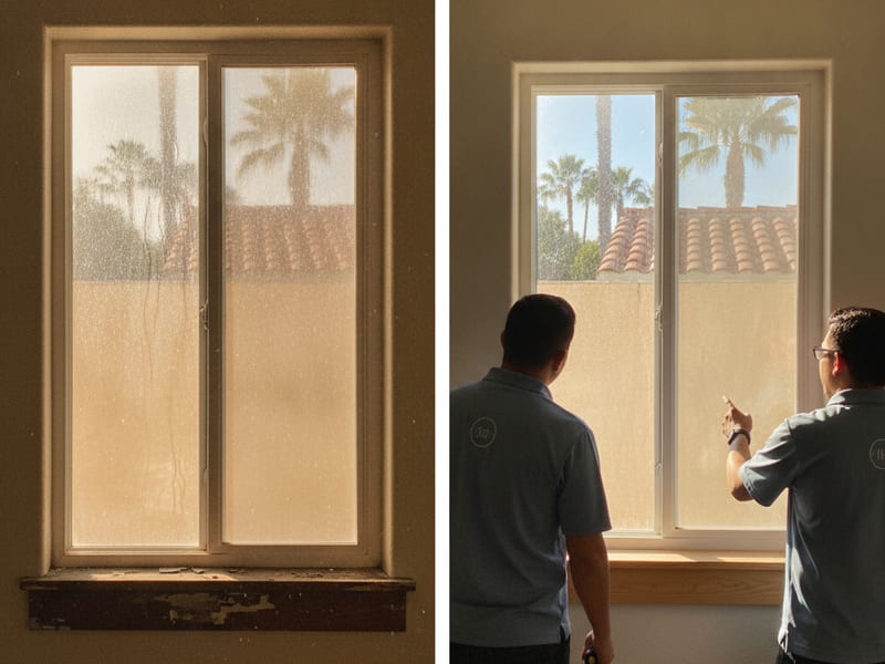 Side-by-side of an original single-pane aluminum window next to a new dual-pane vinyl replacement in a San Diego home