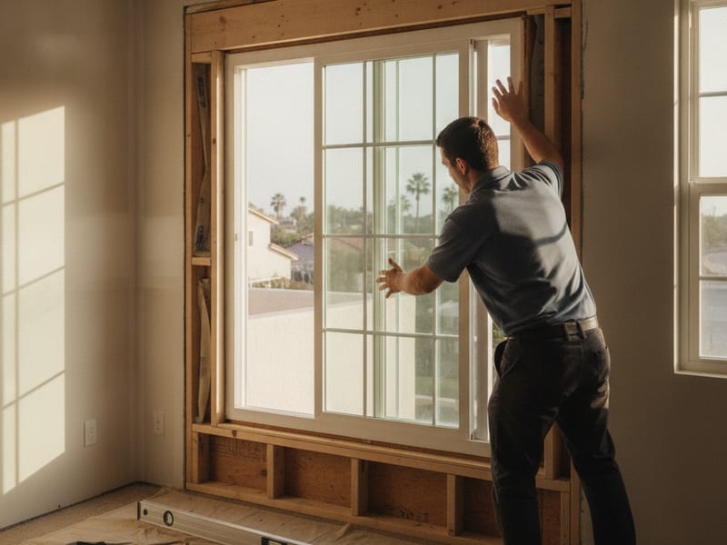 Egress window installation in a San Diego bedroom showing the clear opening dimensions