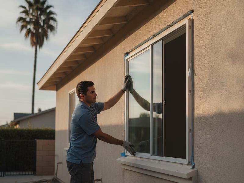Low-E dual-pane window installation in a San Diego home showing the argon-filled insulated glass unit