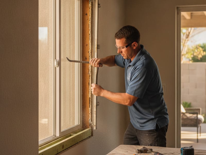 Crew removing a corroded aluminum window frame down to the rough opening in a San Diego home