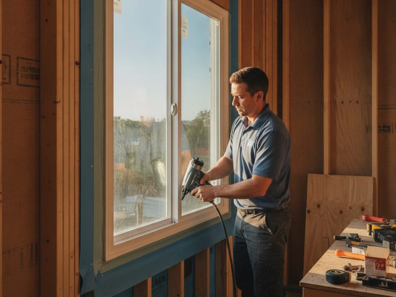 Window crew setting new construction windows into rough openings in an ADU framed in San Diego