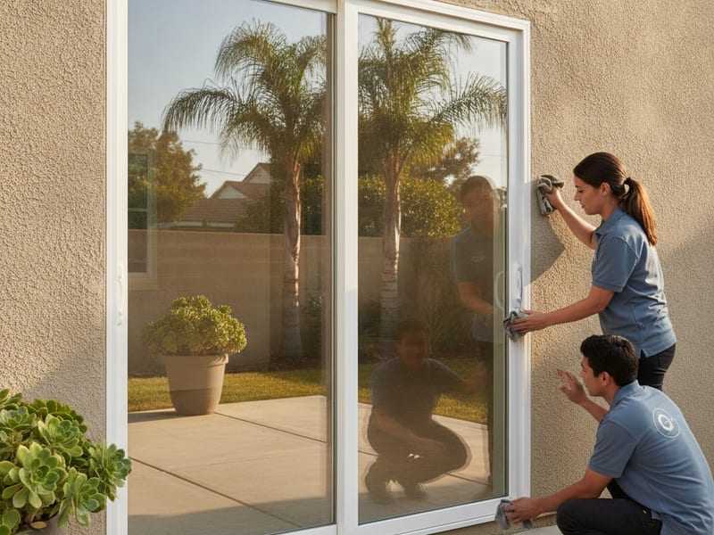New vinyl sliding glass patio door installed in a San Diego home opening to a backyard patio