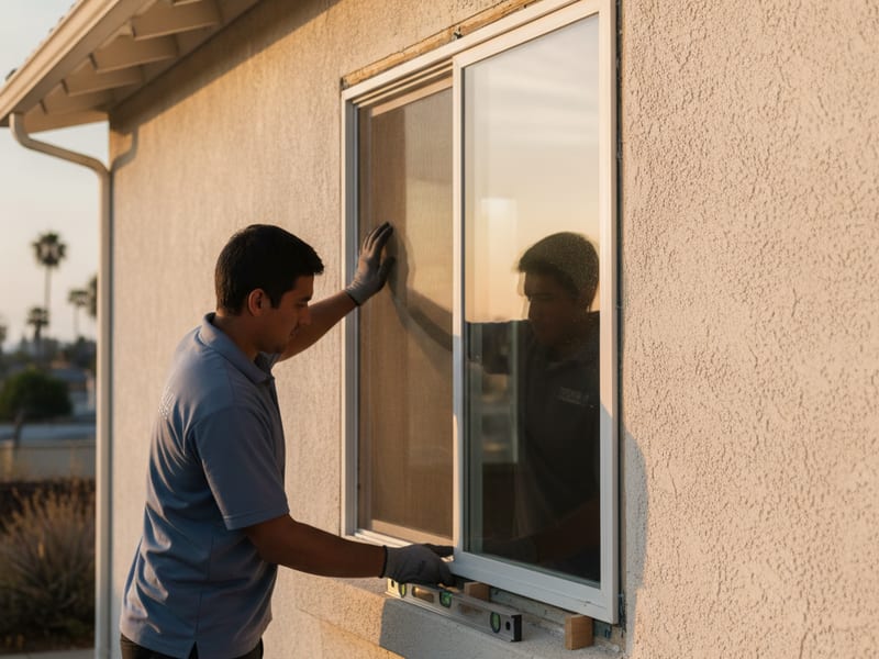 Installer setting a vinyl retrofit insert window into an existing aluminum frame in a San Diego home