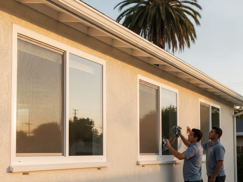 New white vinyl double-hung windows installed in a San Diego single-story home