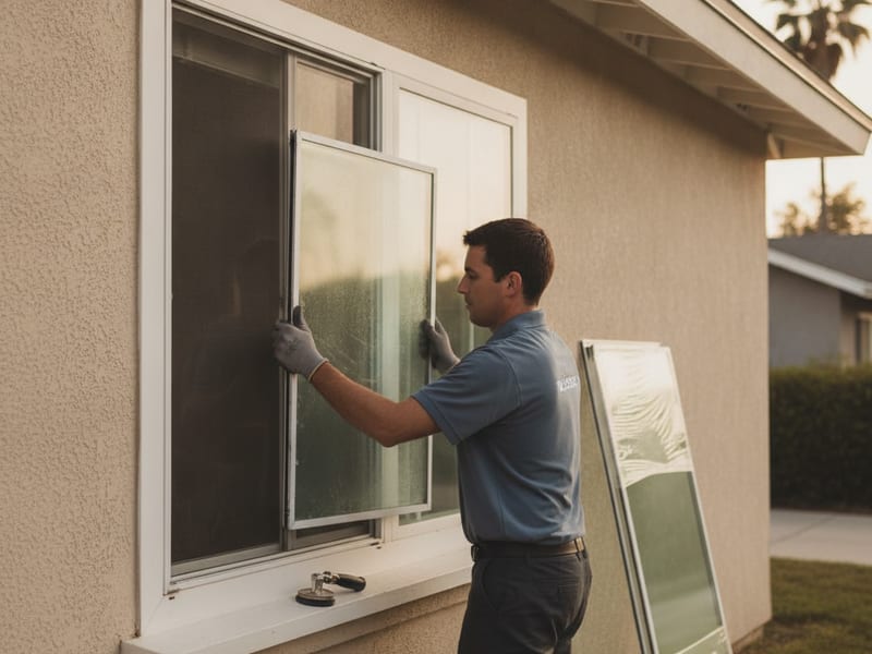 Technician replacing a failed insulated glass unit seal in a foggy window at a San Diego home